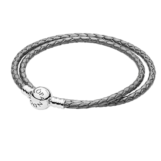 Round Clasp Grey Double Leather Bracelet