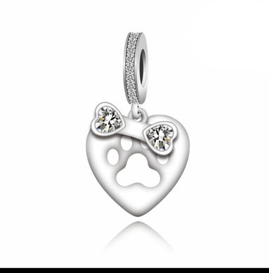 925 Sterling Silver Dog Paw and CZ Bone Heart Dangle Charm