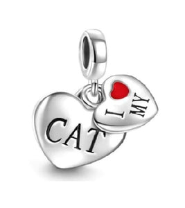 925 Sterling Silver I Love my Cat "Pet Friend" Double Dangle Charm