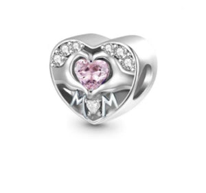 925 Sterling Silver Mom "I Love You" Pink CZ Heart Bead Charm