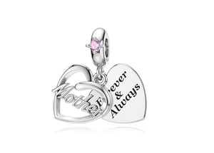 925 Sterling Silver Mother Forever and Always Double Heart Dangle Charm