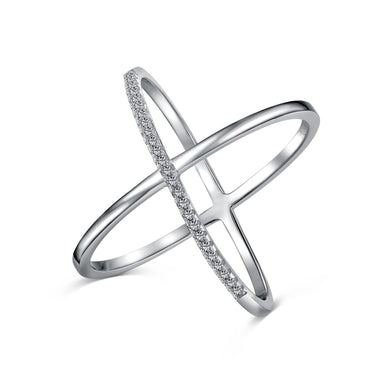 925 Sterling Silver Clear CZ X Cross Over Ring