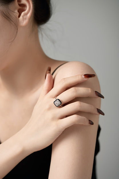 CZ and Black Enamel Rectangle Ring