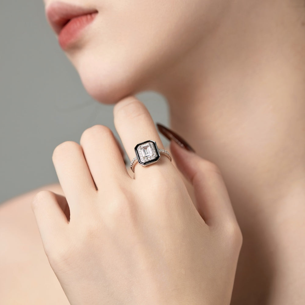 CZ and Black Enamel Rectangle Ring