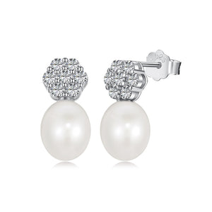 925 Sterling Silver Flower CZ Imitation Pearl Stud Earrings