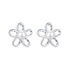 925 Sterling Silver CZ and Pearl Daisy Stud Earrings