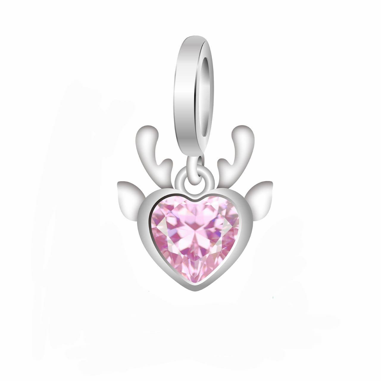 Elk Ears Pink Heart CZ Dangle Charm