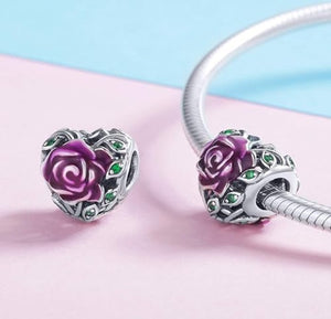 925 Sterling Silver Romantic Rose Love Flower in Heart Pink Enamel Bead Charm