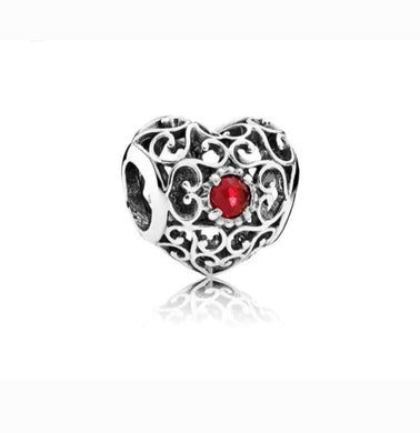 925 Sterling Silver Red CZ Openwork Heart Bead Charm