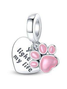 925 Sterling Silver Pink Dog Paw "You light up my life" Glow-in-the-Dark Dangle Charm