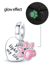 Load image into Gallery viewer, 925 Sterling Silver Pink Dog Paw &quot;You light up my life&quot; Glow-in-the-Dark Dangle Charm