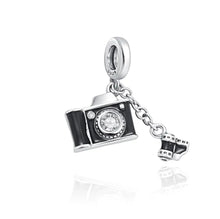 Load image into Gallery viewer, 925 Sterling Silver CZ Black Enamel Camera and Film Roll Dangle Charm