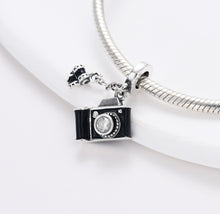 Load image into Gallery viewer, 925 Sterling Silver CZ Black Enamel Camera and Film Roll Dangle Charm