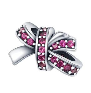 925 Sterling Silver Small CHERISE Pink CZ Bowknot Bead Charm
