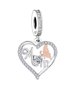 925 Sterling Silver Two Tone CZ Mom and Butterfly Heart Dangle Charm