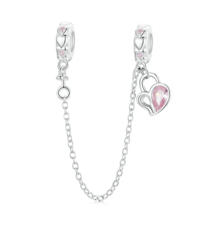 925 CZ Sterling Silver Pink CZ Heart SILICONE Safety Chain Be