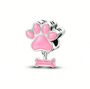 925 Sterling Silver Pink Dog Paw Print Bead Charm