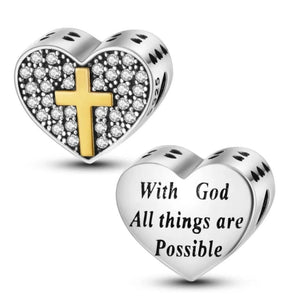 925 Sterling Silver GOLD PLATED Cross in Heart Verse Bead Charm