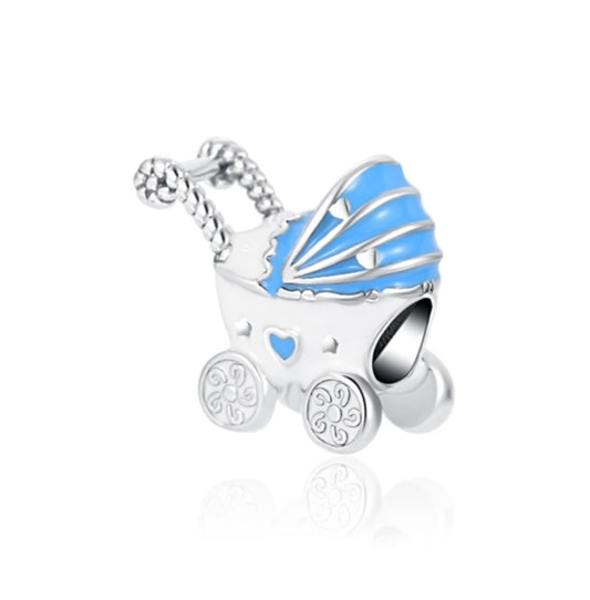Blue and White Enamel Baby Pram Bead Charm