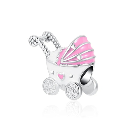 Pink and White Enamel Baby Pram Bead Charm