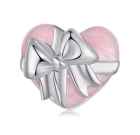 Pink Bowknot Enamel Heart Bead Charm