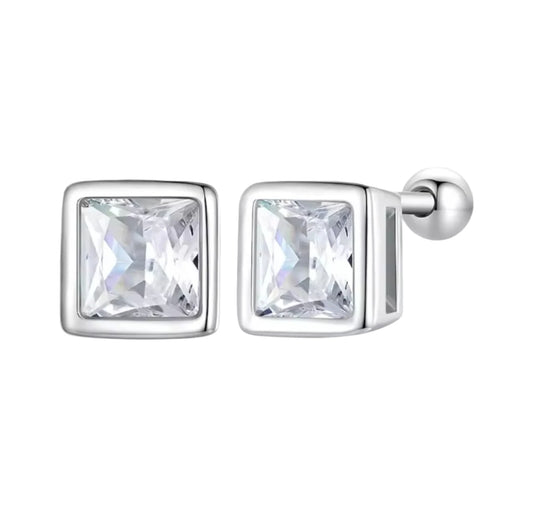 Square CZ Screw On Earrings