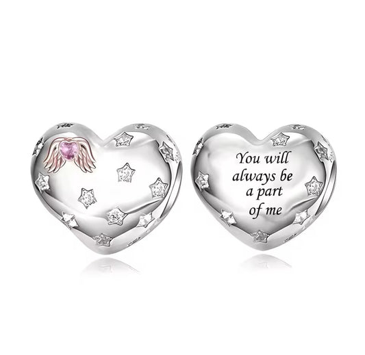 Heart "You Will Always Be a Part of Me" Bead Charm – Silver Memorial Jewelry, Remembrance Keepsake, Angel Wing Charm