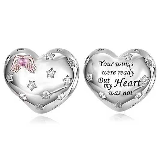 Heartfelt Heart (Your Wings Were Ready But My Heart Was Not) Bead Charm – Silver Memorial Jewelry, Sentimental Keepsake, Remembrance Charm