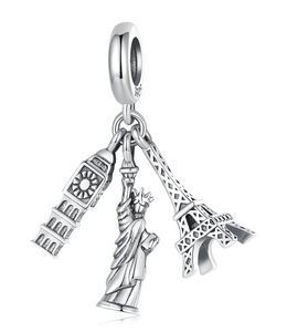925 Sterling Silver Big Ben, Statue Of Liberty, Eiffel Tower Dangle Charm
