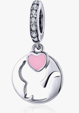 925 Sterling Silver Cat Cutout Pink Heart Dangle Charm