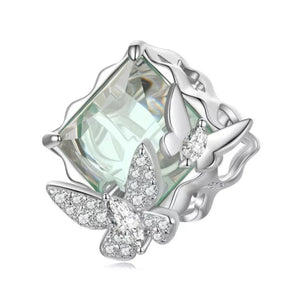 925 Sterling Silver Green Murano Square Butterfly Bead Charm
