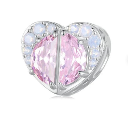 Sister Sis Love Pink CZ Half Hearts Bead Charm SET