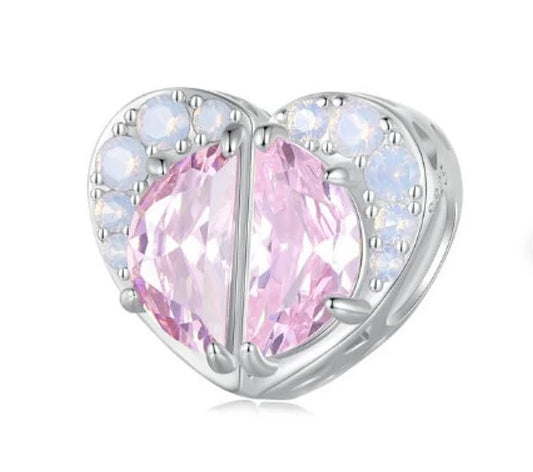 Sister Sis Love Pink CZ Half Hearts Bead Charm SET