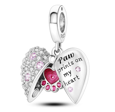 925 Sterling Silver Paw Prints on my Heart Dangle Charm