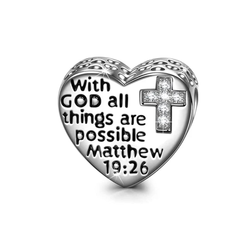 "With God all things are Possible" Heart and Cross Bead Charm