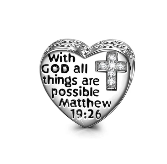 "With God all things are Possible" Heart and Cross Bead Charm