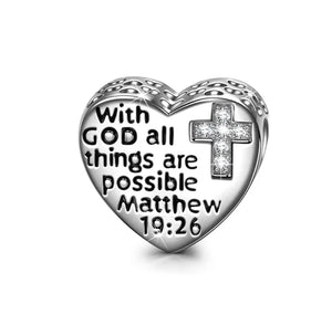 925 Sterling Silver "With God all things are Possible" Heart and Cross Bead Charm