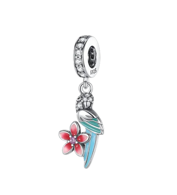 925 Sterling Silver Blue Parrot Pink Flower Dangle Charm