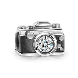 925 Sterling Silver CZ Black Enamel Camera Bead Charm