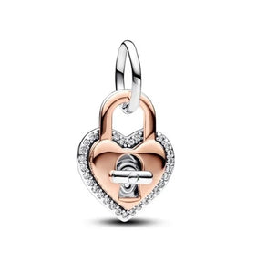 925 Sterling Silver and Rose Gold Lock Heart Dangle Charm