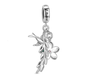 925 Sterling Silver Swallow Bird and Flower Dangle Charm