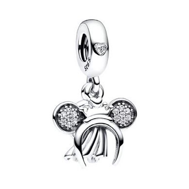 925 Sterling Silver Minnie Mouse bridal Headband and Ring Double Dangle Charm