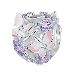 925 Sterling Silver Pink Enamel Butterfly and Purple CZ Flower Bead Charm