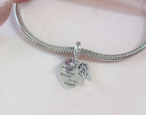 925 Sterling Silver "Always On My Mind, Forever In My Heart" Pink CZ Angel Wing Heart Dangle Charm