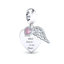 Load image into Gallery viewer, 925 Sterling Silver &quot;Always On My Mind, Forever In My Heart&quot; Pink CZ Angel Wing Heart Dangle Charm