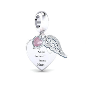 925 Sterling Silver "Always On My Mind, Forever In My Heart" Pink CZ Angel Wing Heart Dangle Charm