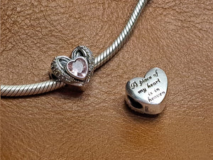 925 Sterling Silver "A Piece Of My Heart Is In Heaven" Pink CZ Heart Bead Charm