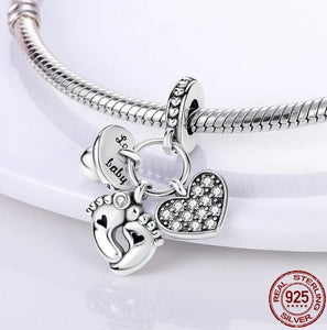 925 Sterling Silver Baby Feet, Dummy and Heart Dangle Charm