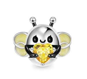925 Sterling Silver Bee Holding Yellow Heart CZ Bead Charm