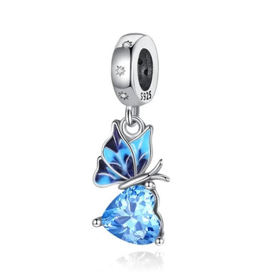 925 Sterling Silver Blue Murano Heart and Butterfly Dangle Charm